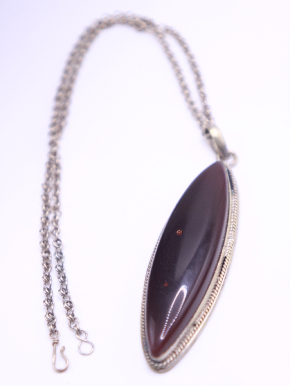 Vintage Marquise Large Carnelian Stone  Pendant Necklace in Silver Plate